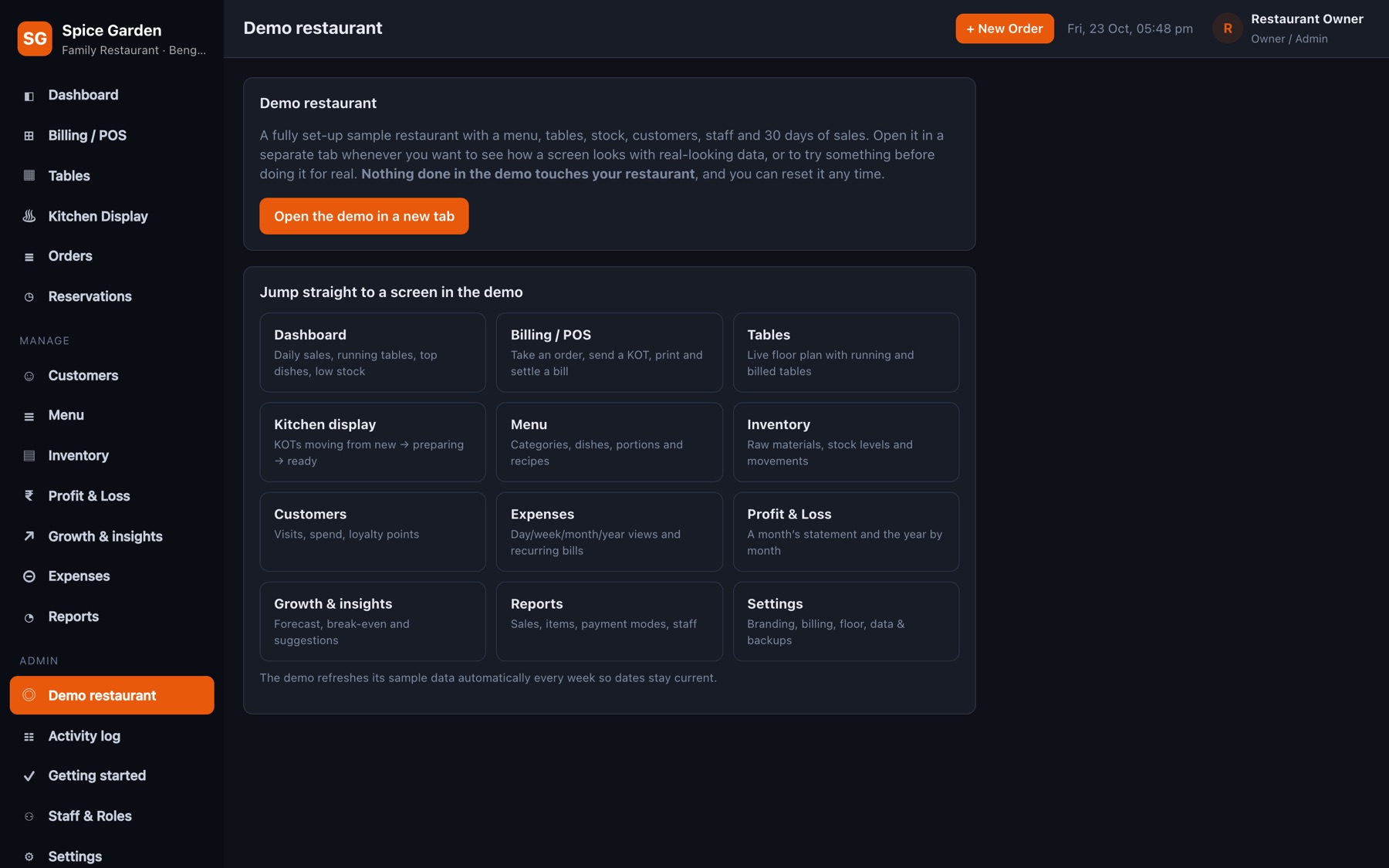 Demo restaurant page