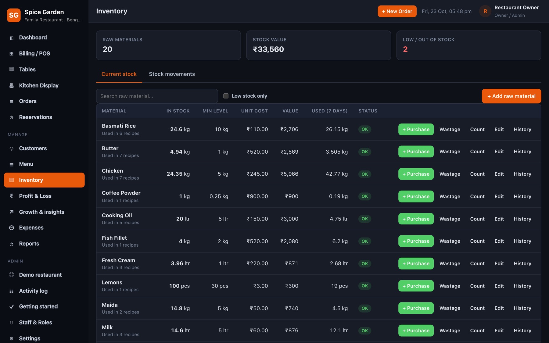 Inventory list with stock levels and low-stock warnings