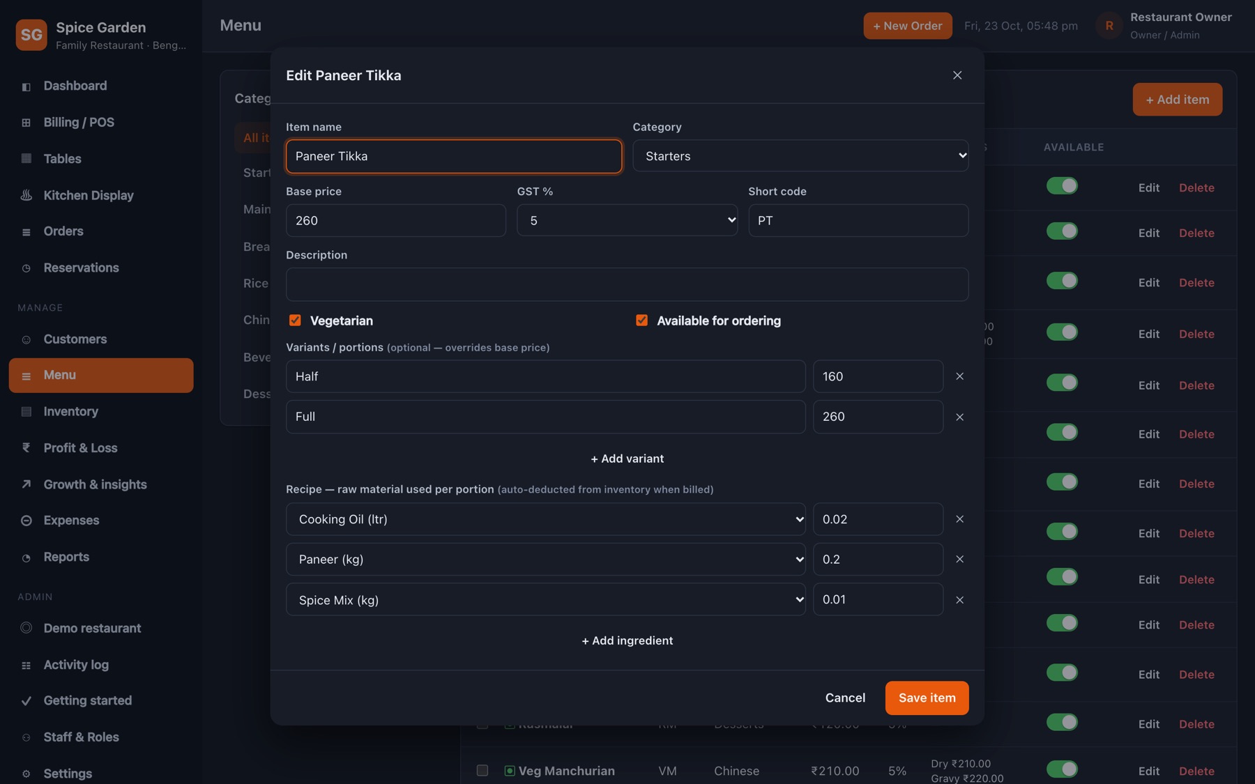 Menu item editor with variants and recipe