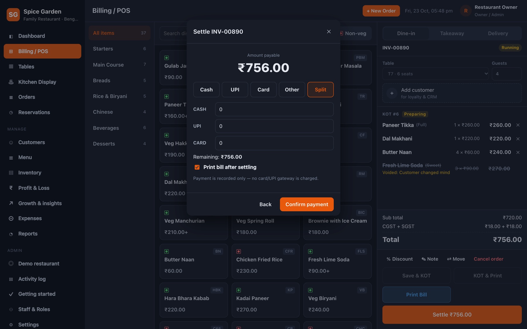 Settle dialog with split payment between cash, UPI and card