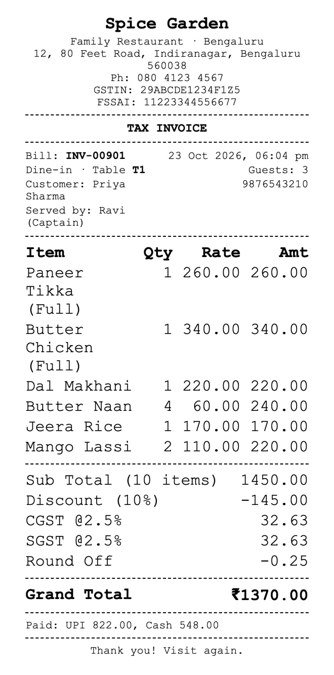 Printed tax invoice with items, GST and payment split