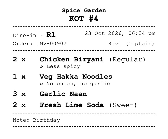 Printed kitchen order ticket with cooking notes