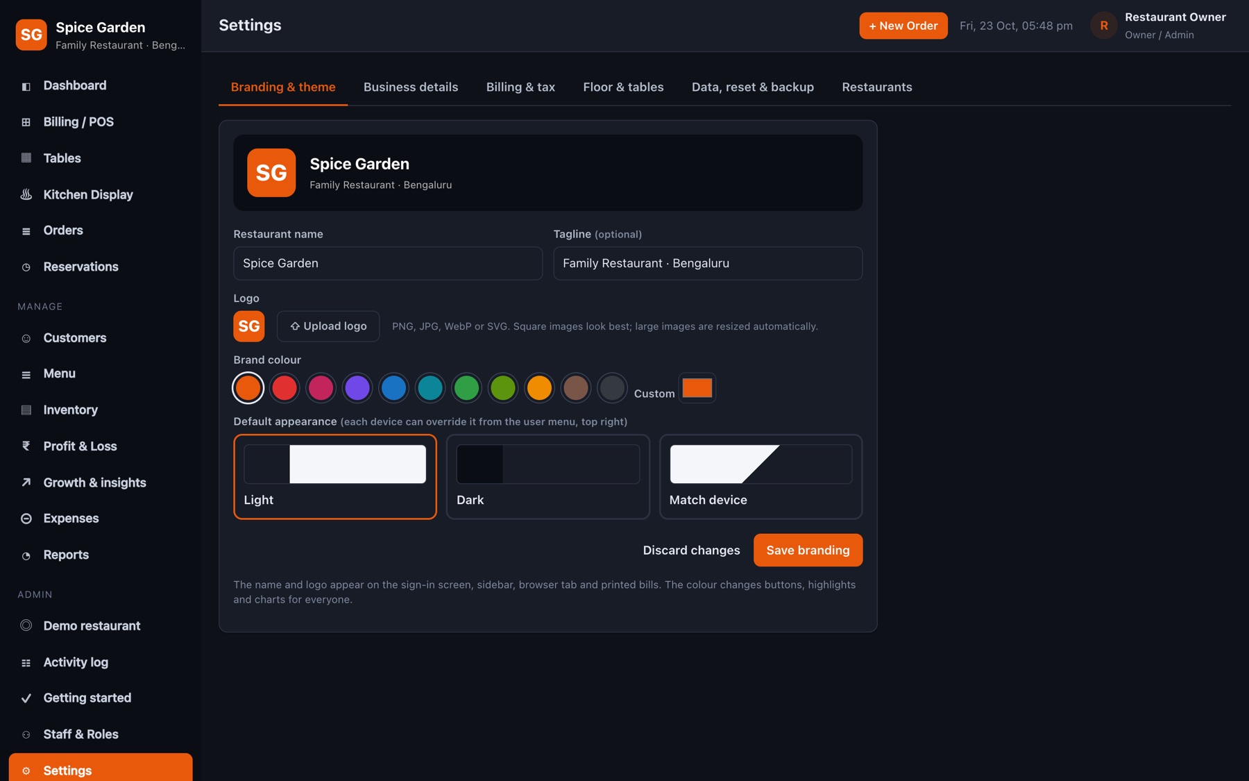 Branding settings with logo and colour