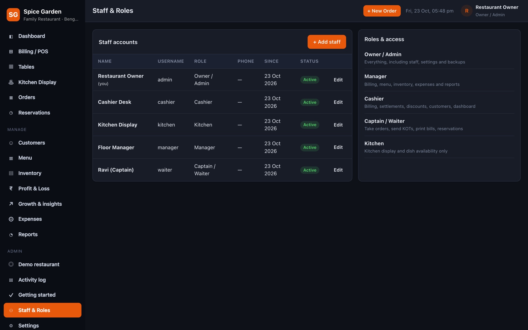 Staff accounts and roles
